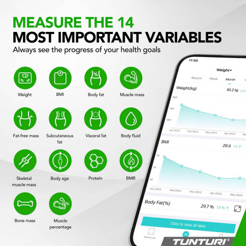 Svarstyklės TUNTURI SC30 SMART SCALE WITH APP
